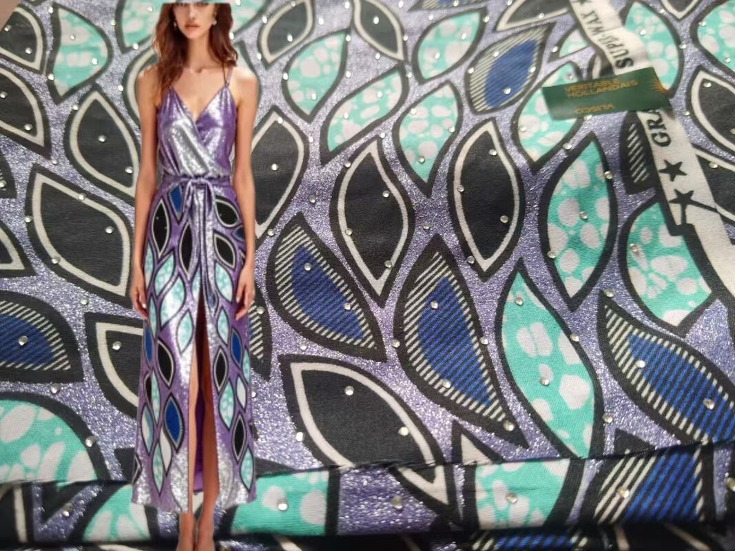 Kain cetak lilin Afrika dengan Hot-fix Rhinestones 91% Katun 9% Spandex, ketahanan keriput yang tinggi, pemulihan elastis yang sangat baik